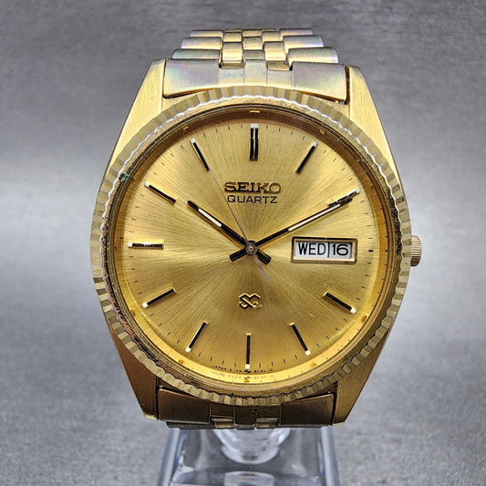 Seiko SQ Presidential Watch Men 37mm Gold Dial Gold Tone Daydate 5y23-8a69 Works