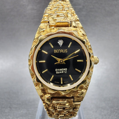 Benrus Gold Nugget Watch Women 23mm Black Dial Gold Tone Round New Battery0