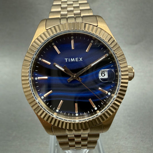 Timex Waterbury Legacy Watch Women Blue Dial Rose Gold Tone Date Round New Batt0