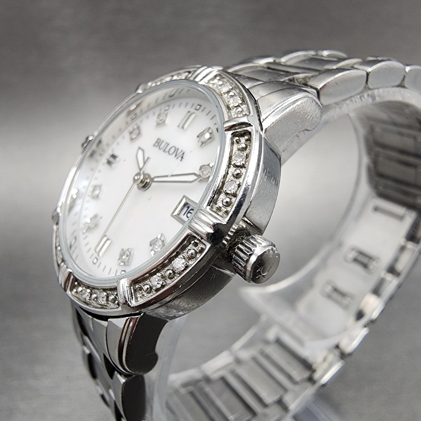 Bulova Watch Women 26mm MOP Dial Steel Diamond Bezel Date Round 96R105 NewBat2
