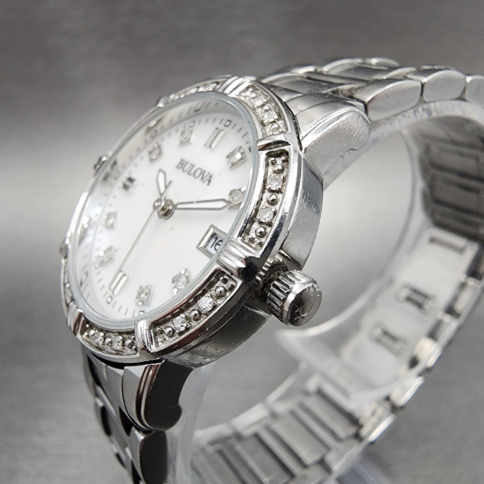 Bulova Watch Women 26mm MOP Dial Steel Diamond Bezel Date Round 96R105 NewBat2