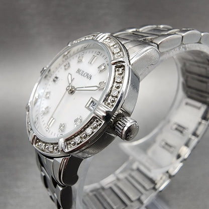 Bulova Watch Women 26mm MOP Dial Steel Diamond Bezel Date Round 96R105 NewBat2