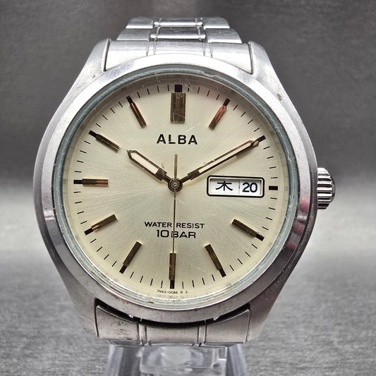 Seiko Alba Watch Men 38mm Champagne Dial Silver Tone Daydate 7N43-0BA0 New Batt0