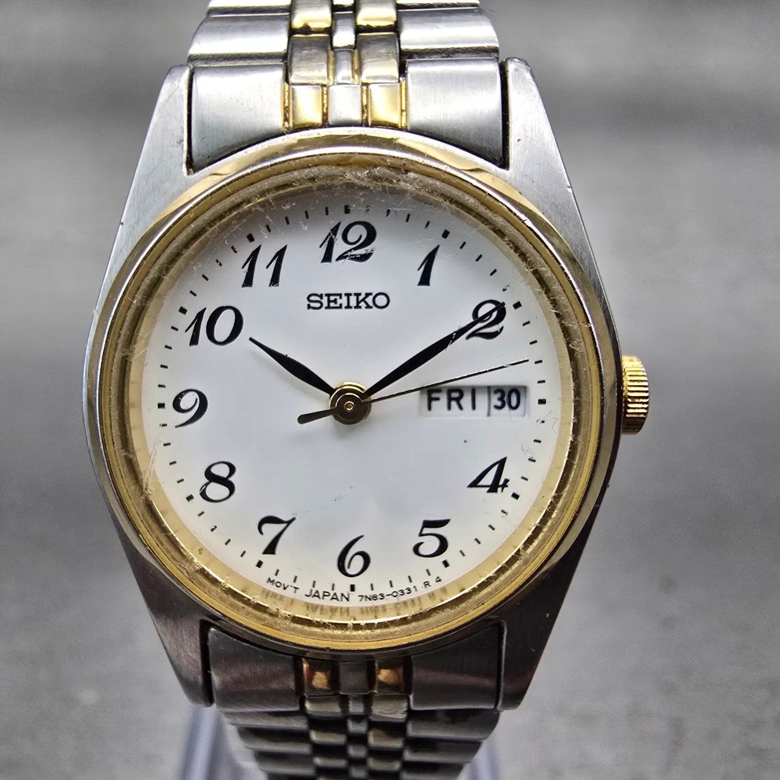 Seiko Watch Women 24mm White Dial Two Tone Daydate Round 7N83-0011 New Battery F1