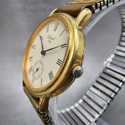 Orient Watch Men 31mm Cream Dial Gold Tone Round H9354060 New Battery VTG2