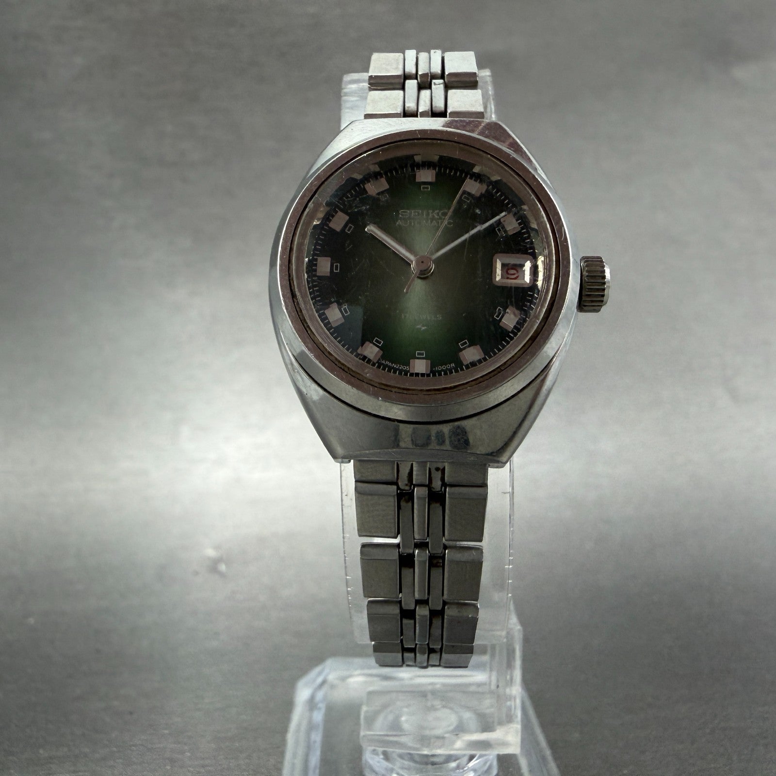 Seiko Automatic Watch Women 25mm Green Dial Silver Tone Date 2205-0520 PARTS6