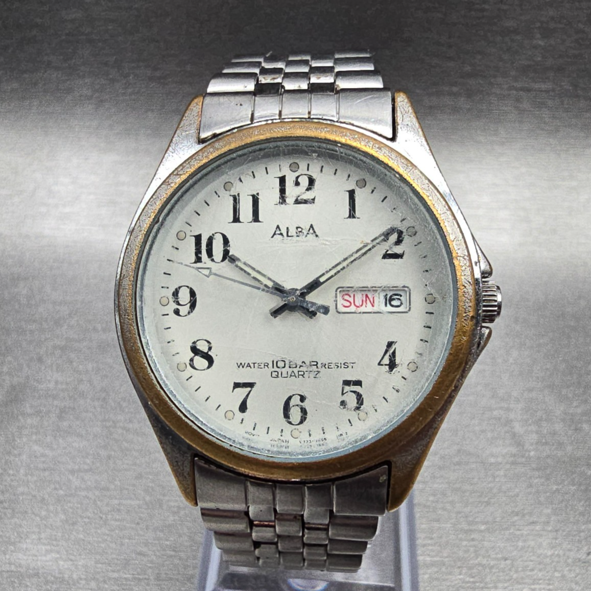 Seiko Alba Watch Men 33mm Silver Dial Silver Daydate Round V733-7A70 New Batt JP0