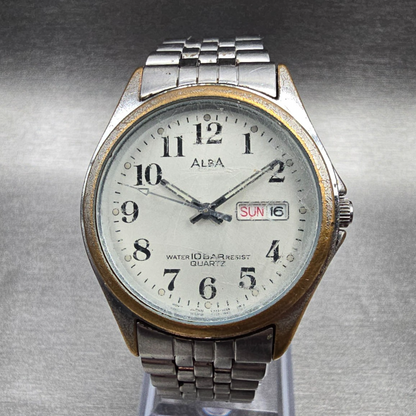 Seiko Alba Watch Men 33mm Silver Dial Silver Daydate Round V733-7A70 New Batt JP0