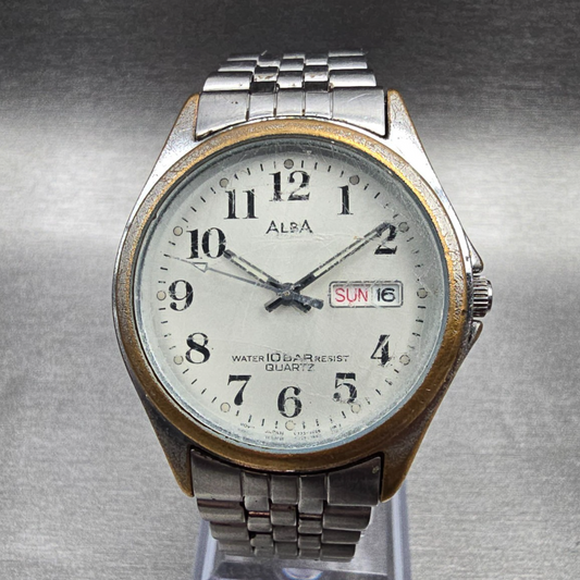 Seiko Alba Watch Men 33mm Silver Dial Silver Daydate Round V733-7A70 New Batt JP0