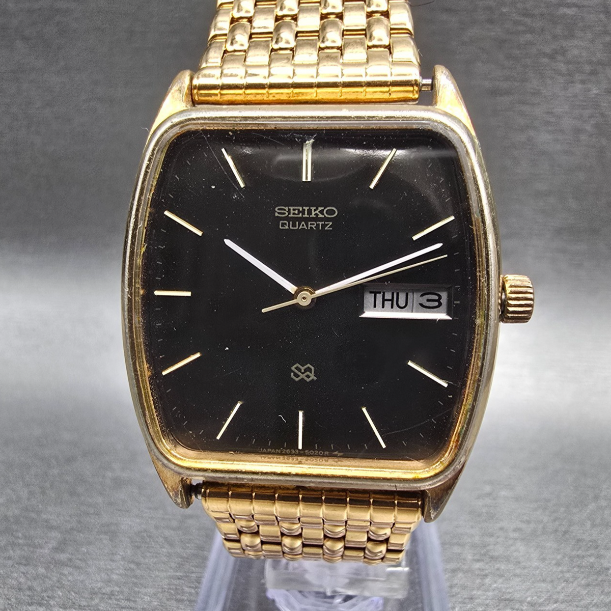 Seiko SQ Tank Watch Men 31mm Brown Dial Gold Tone Daydate 2633-5029 New Battery0