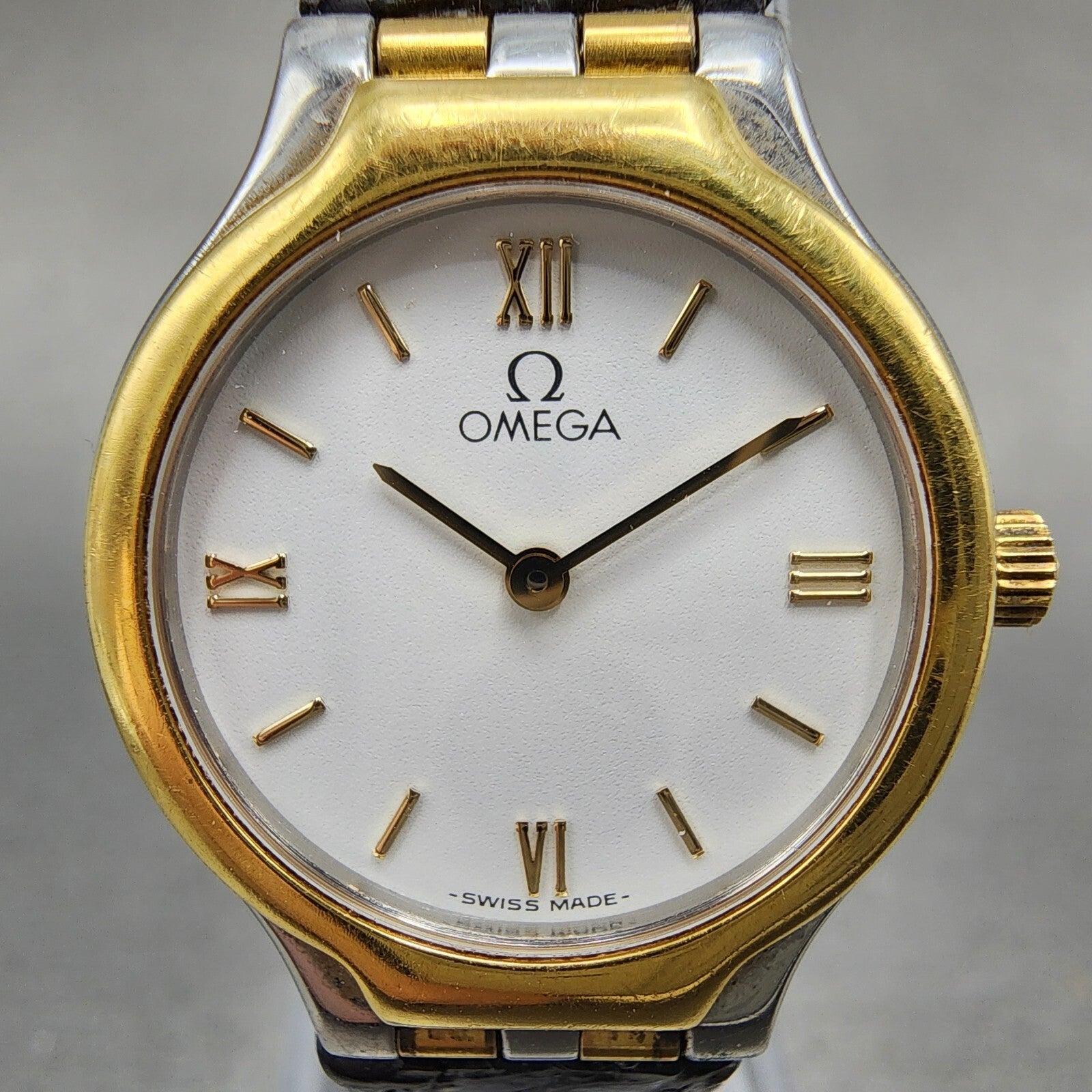 Omega De Ville Watch Women 23mm White Dial Two Tone Leather Round New Battery1