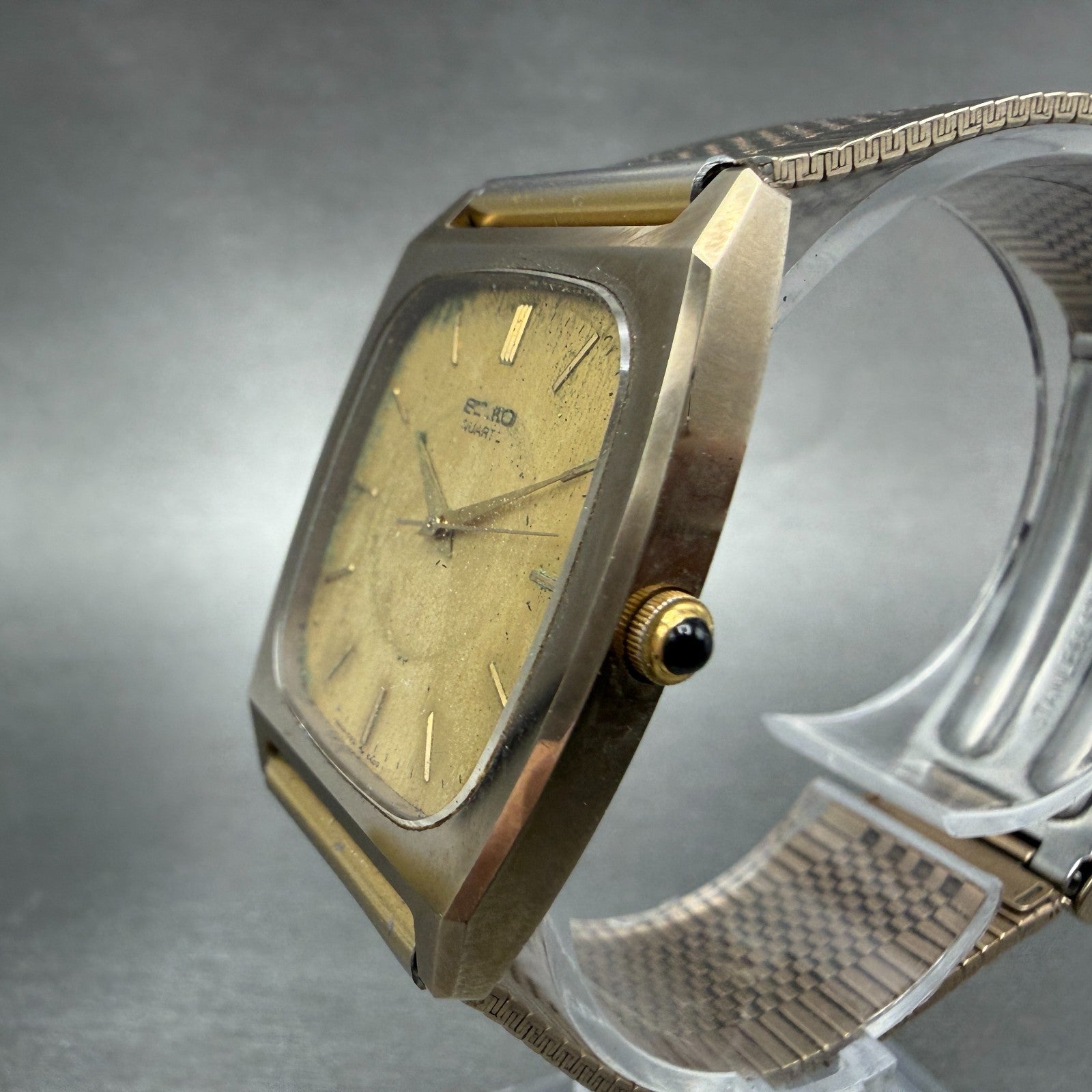 Seiko Tank Watch Men 30mm Gold Dial Gold Tone Rectangle 5931-5341 New Battery2