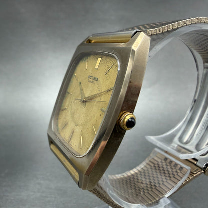 Seiko Tank Watch Men 30mm Gold Dial Gold Tone Rectangle 5931-5341 New Battery2