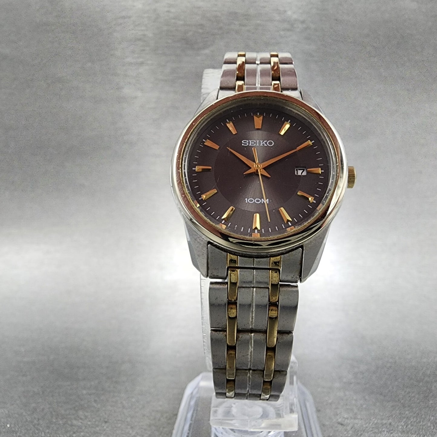 Seiko Watch Women 27mm Gray Dial Two Tone Date Round 7N82-0HF0 New Battery
