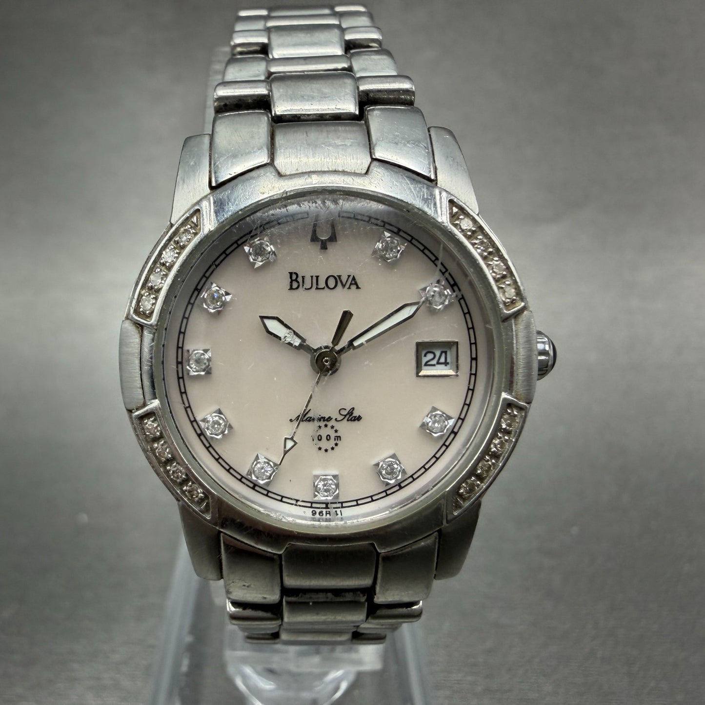 Bulova Marine Star Watch Women 27mm MOP Dial Steel Date Round 96R41 New Battery0