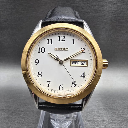 Seiko Watch Men 37mm White Dial Two Tone Daydate Round 7N43-9070 New Battery0