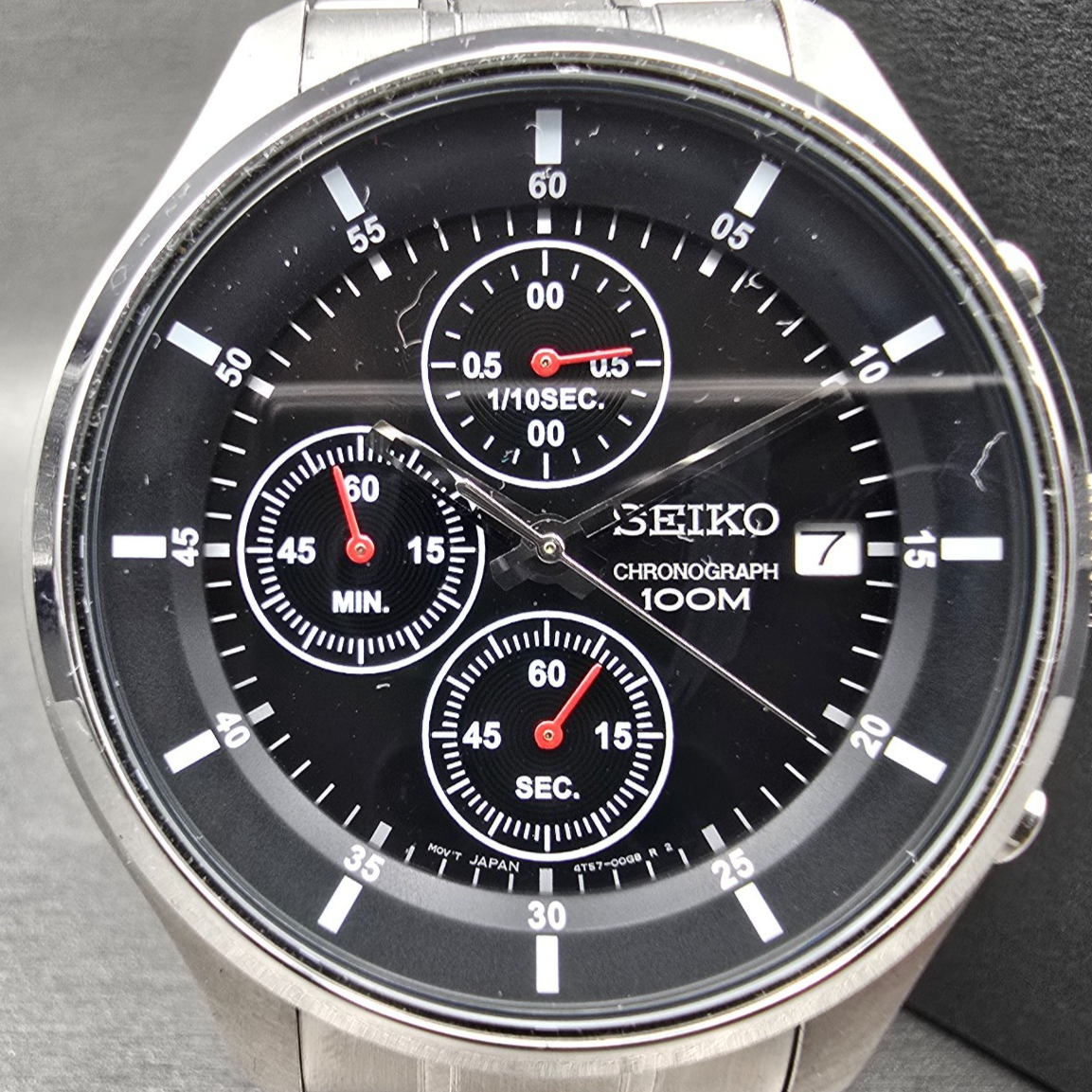 Seiko Chronograph Watch Men 43mm Black Dial Silver Tone Date 4T57-00G0 New Batt1