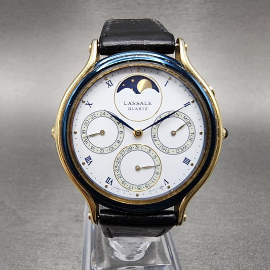 Seiko Lassale Moonphase Watch Men 34mm White Dial Gold Tone Daydate Round Newbat