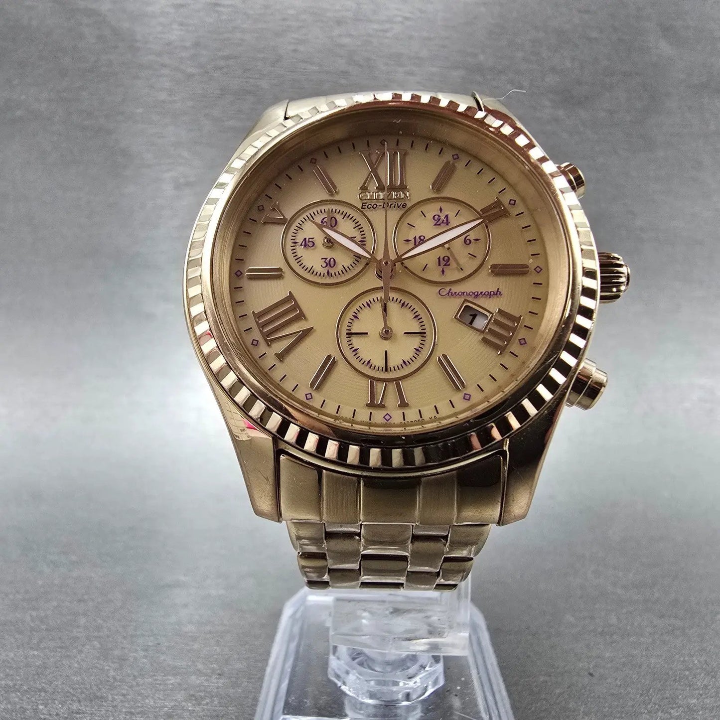 Citizen Eco-Drive Chronograph Watch Women 39mm Champagne Dial Rose Gold Tone Run5