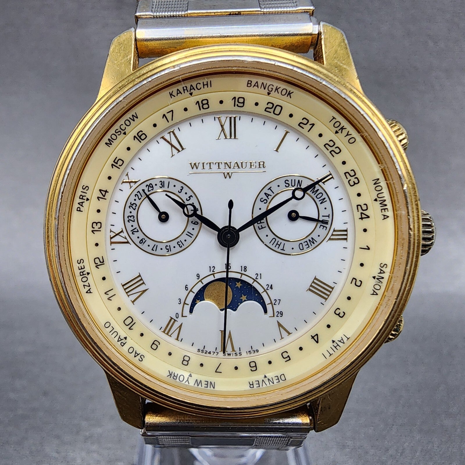Wittnauer Moonphase Watch Men 37mm White Dial Gold Tone Daydate Round New Batt1