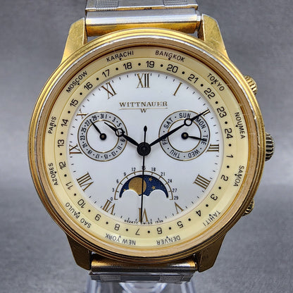 Wittnauer Moonphase Watch Men 37mm White Dial Gold Tone Daydate Round New Batt1