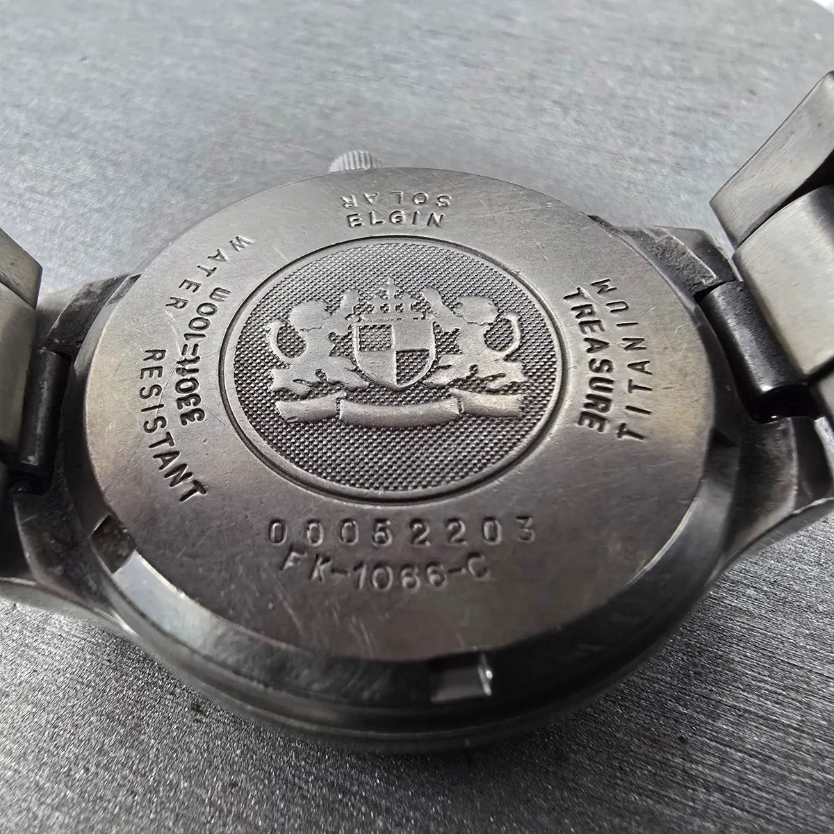 Elgin Solar Watch Men 35mm MOP Dial Titanium Date Round FK-1066 Runs READ!!!!9