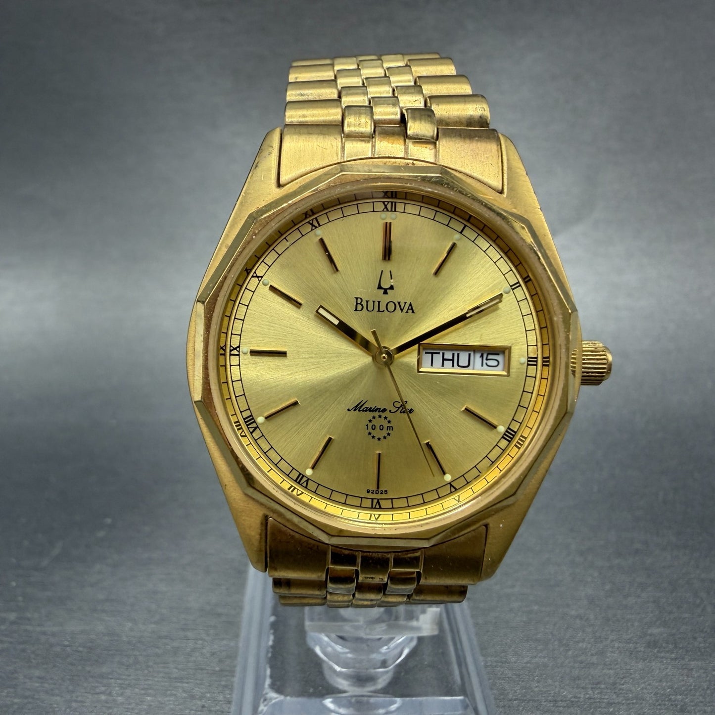 Bulova Marine Star Watch Men 35mm Gold Dial Gold Tone Date Round New Battery GH70