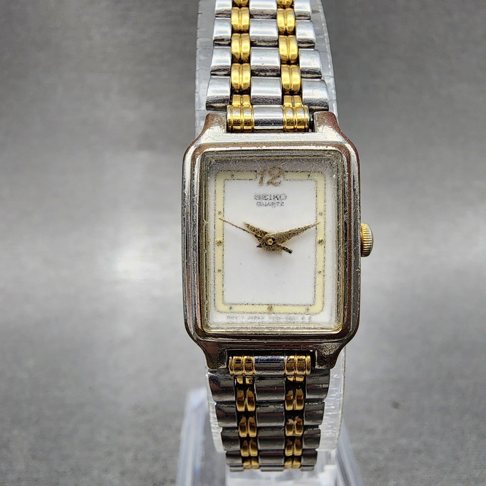 Seiko Tank Watch Women 18mm White Dial Two Tone Rectangle V4015129 New Battery0