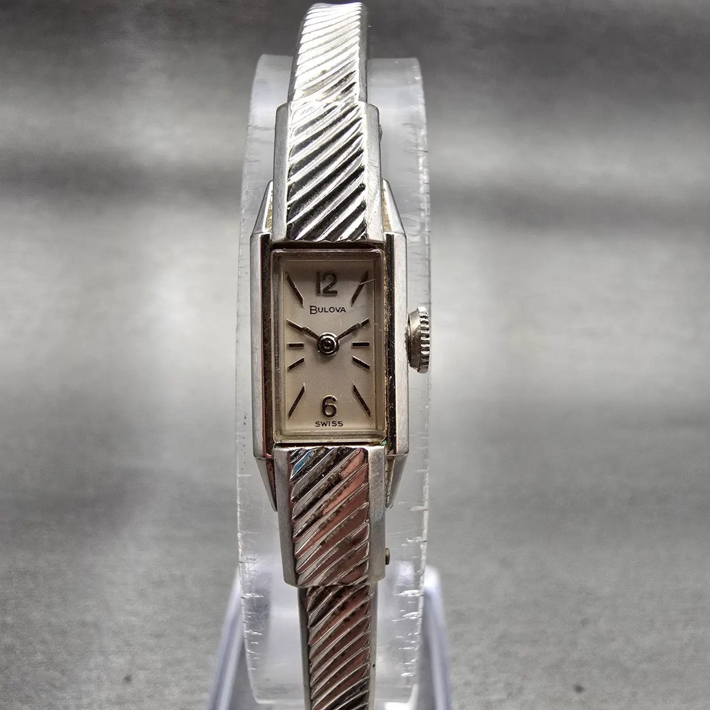 Bulova Watch Women 10mm Silver Dial White Gold Rectangle Manual Wind Vintage0