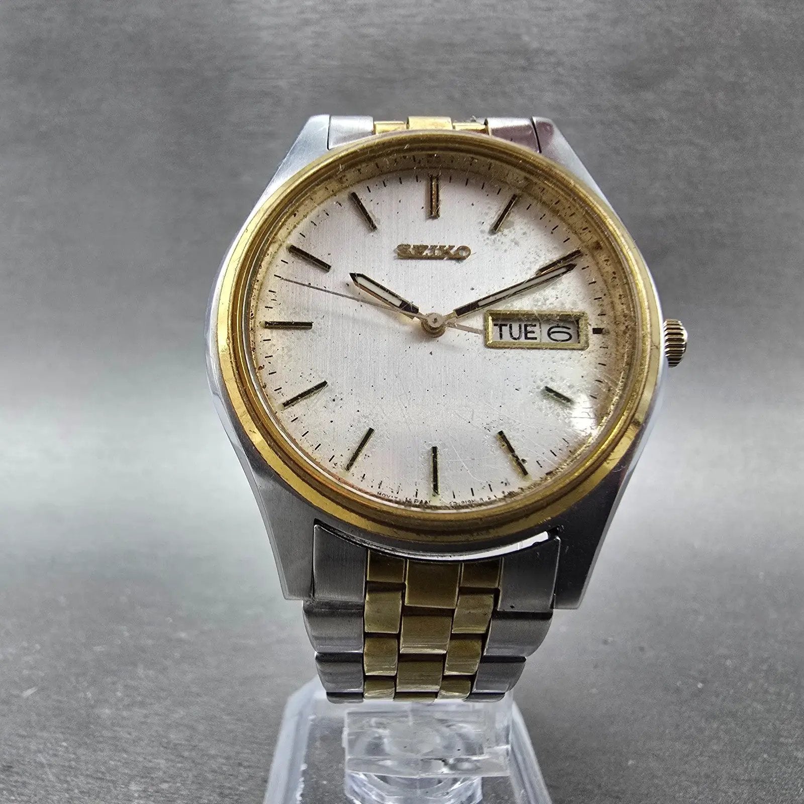 Seiko Watch Men 37mm Silver Dial Two Tone Daydate Round 7N43-9048 PARTS Vintage6