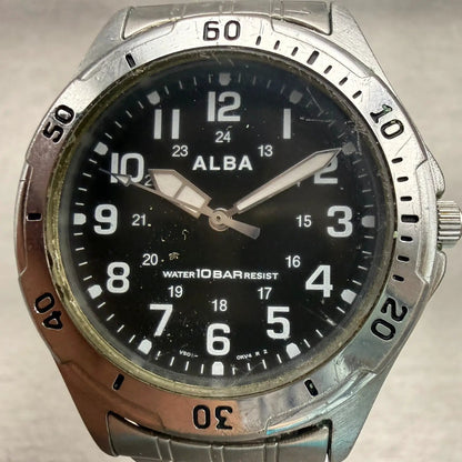 Seiko Alba Watch Men 35mm Black Dial Silver Tone Round V501-0DA0 New Battery VTG1