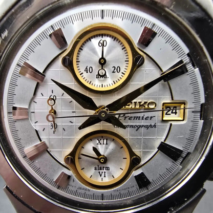 Seiko Premier Chronograph Watch Men 38mm White Dial Two Tone Date 7T62-0FF0 PART2