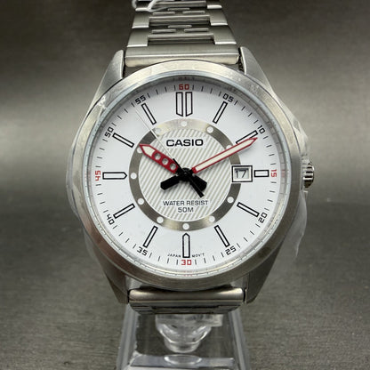 Casio MTP-E700 Watch Men 39mm White Dial Silver Tone Date Metal Bracelet Round0