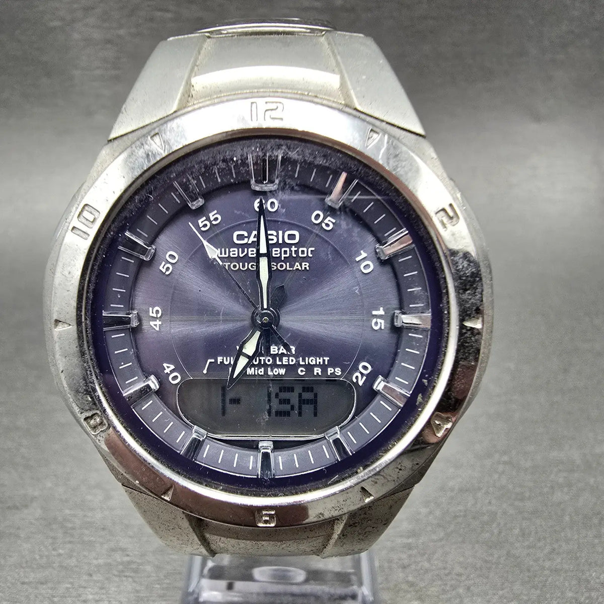 Casio WVA-400J Watch Men 42mm Blue Dial Silver Alarm Chrono WaveCeptor PARTS 670