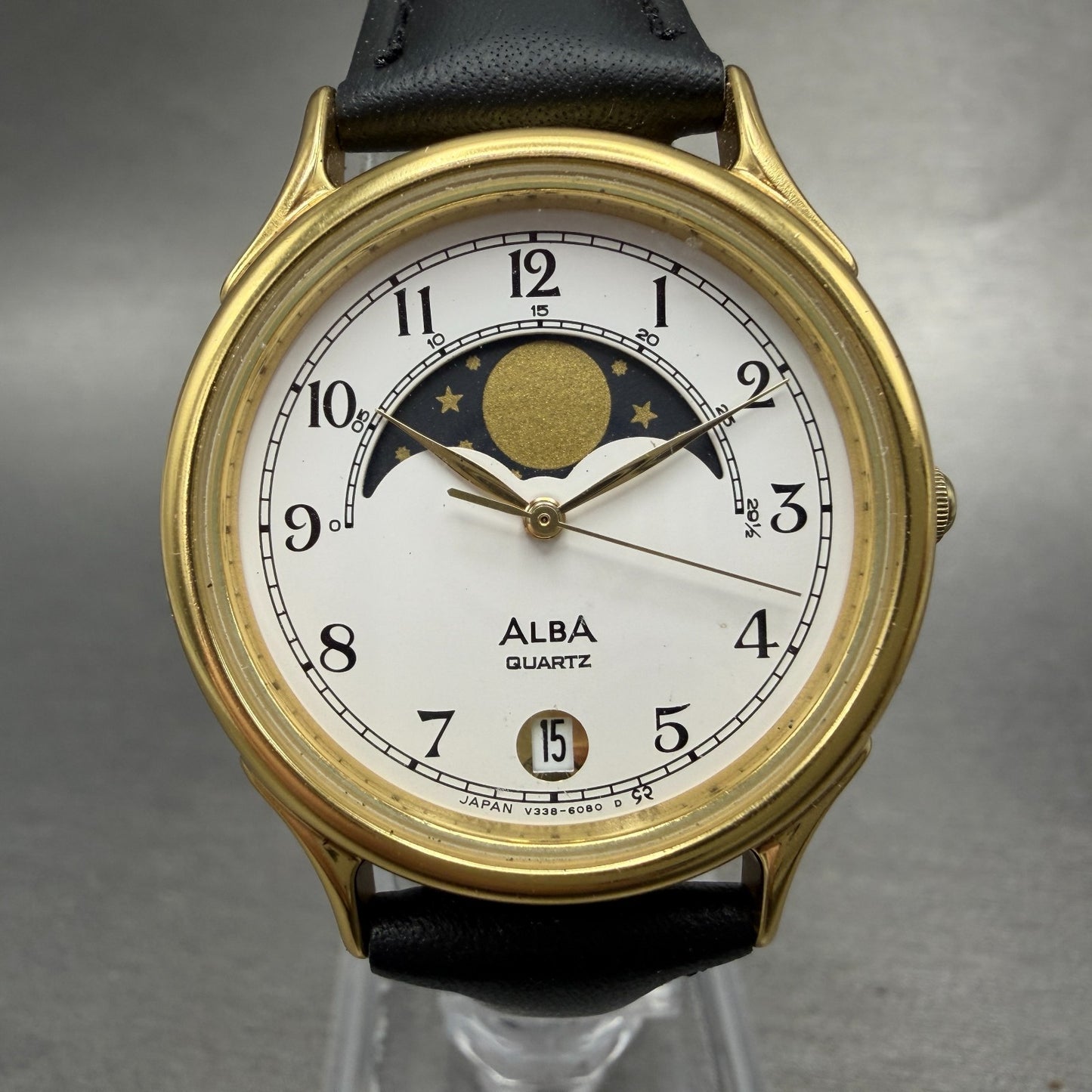 Seiko ALBA Moon Phase Watch Men 31mm White Dial Gold Tone Round New Battery VTG0