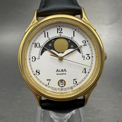 Seiko ALBA Moon Phase Watch Men 31mm White Dial Gold Tone Round New Battery VTG0
