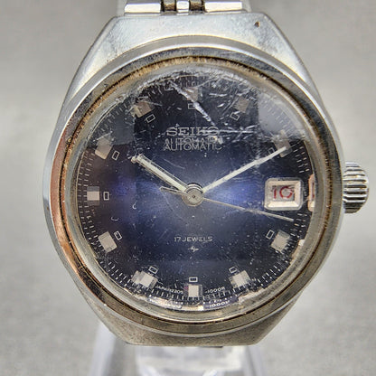 Seiko Automatic Watch Women 25mm Blue Dial Silver Tone Date 2205-0520 Runs
