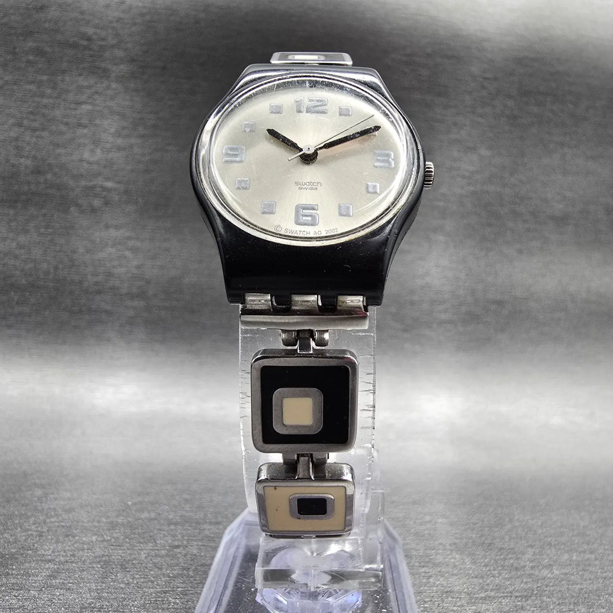 Swatch Chessboard Watch Women 25mm Silver Dial Black Case Round LB160 New Batt25
