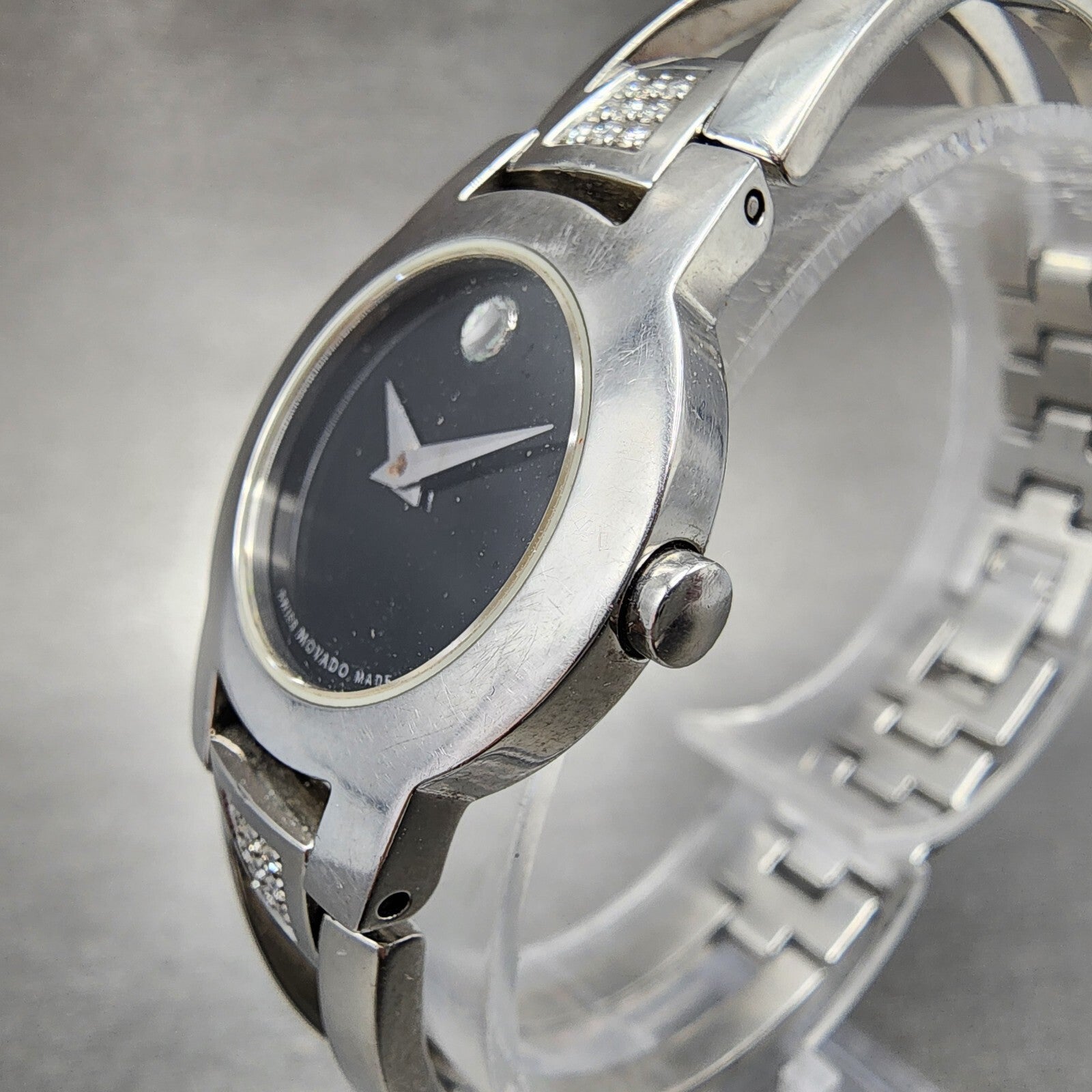 Movado Amorosa Watch Women 24mm Black Dial Steel Diamond Accents New Battery2