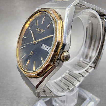 Seiko SQ Watch Men 35mm Blue dial Two Tone Daydate 7123-8470 New Battery