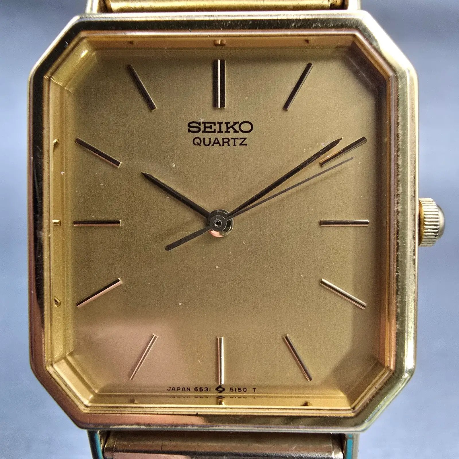 Seiko Watch Men 27mm Gold Dial Gold Tone Rectangle 6531-5100 New Battery Vintage1