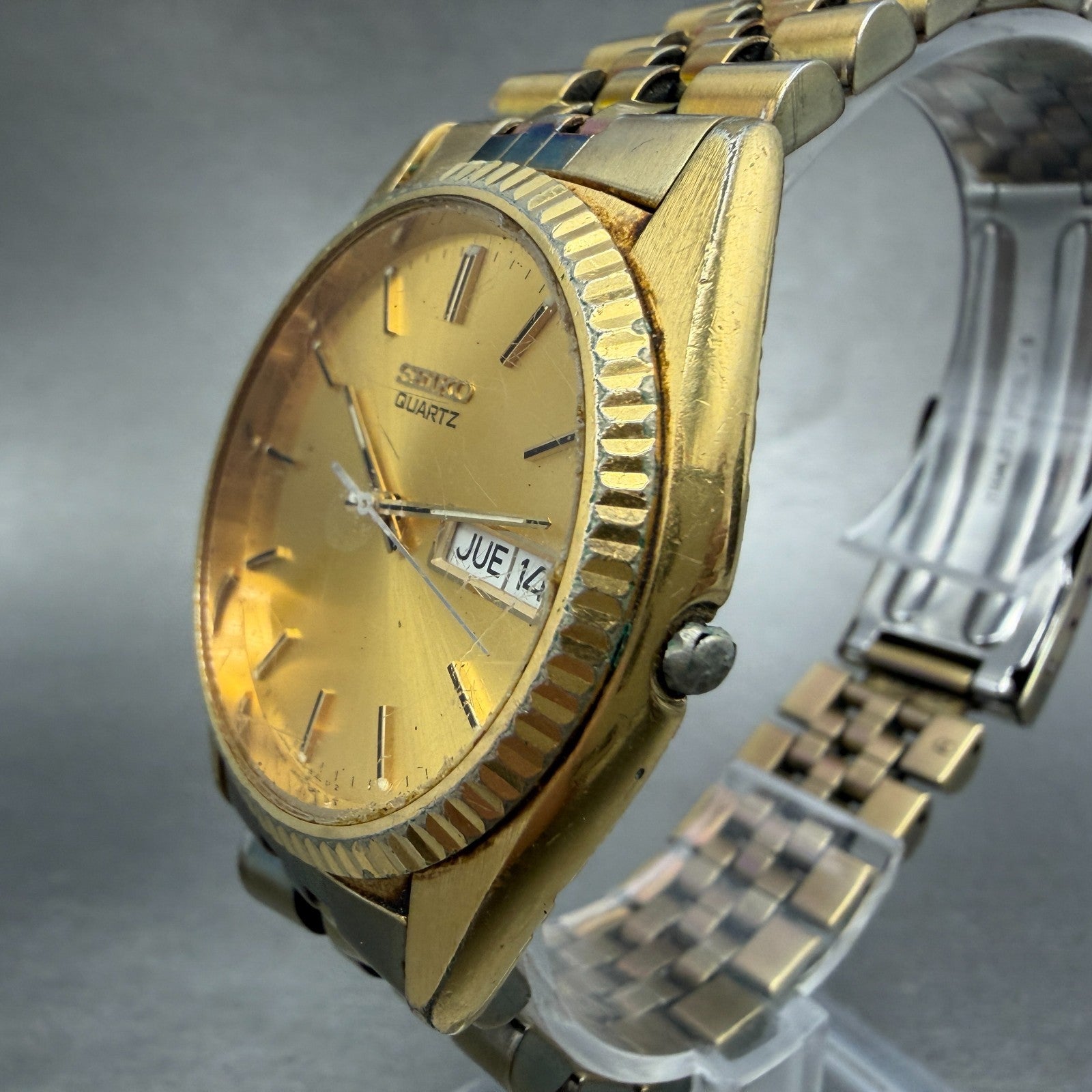 Seiko President Watch Men 36mm Gold Dial Gold Tone Daydate 7n43-8119 New Batt 0C2