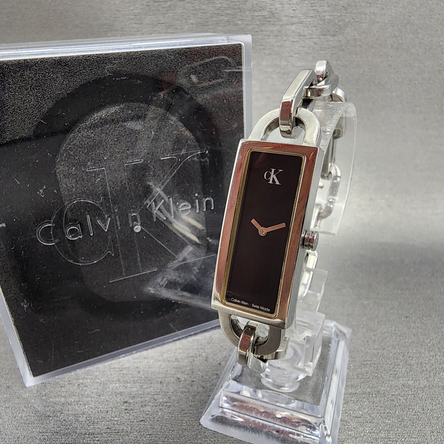 Calvin Klein Tank Watch Women 17mm Black Dial Steel Rectangle K15231 New Battery0