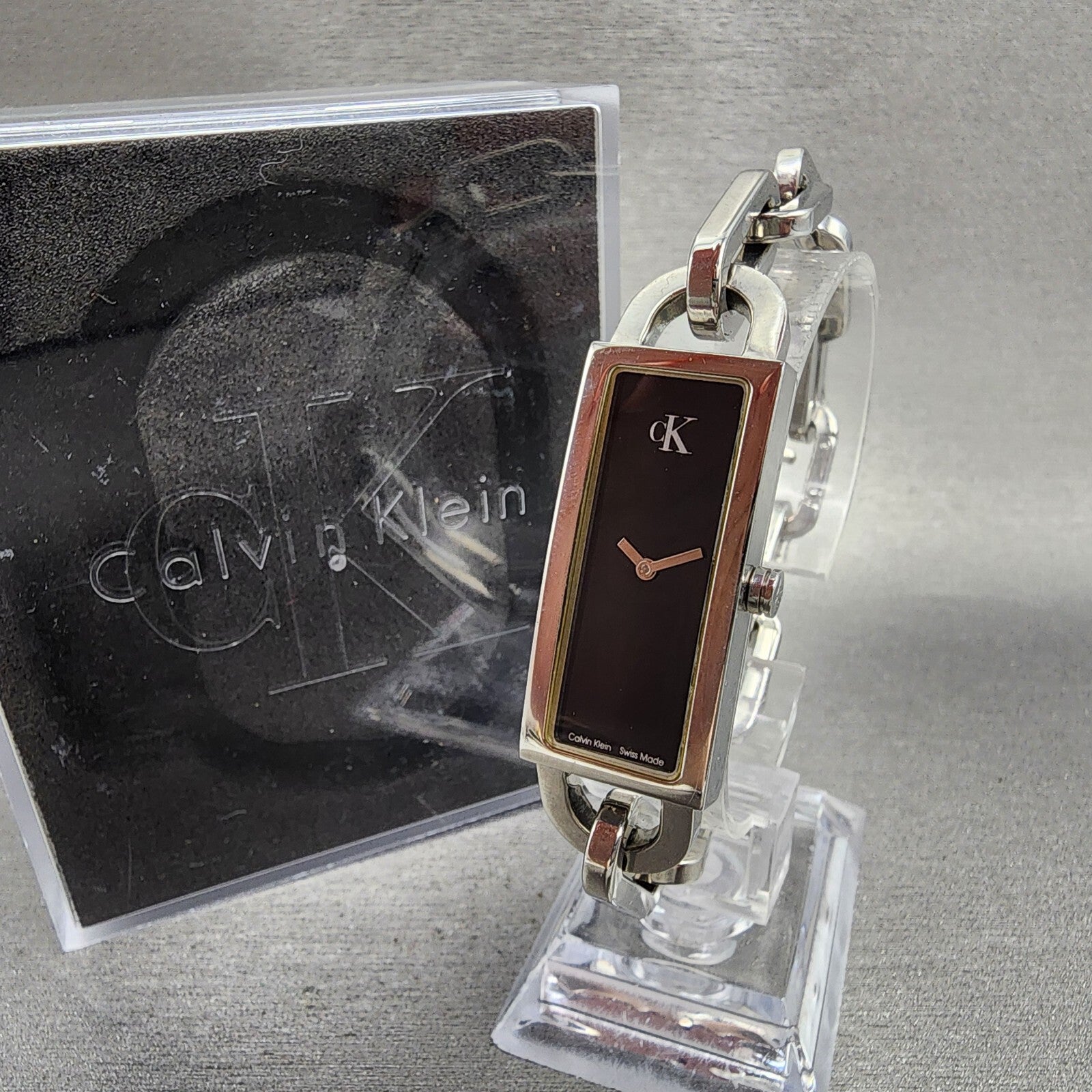 Calvin Klein Tank Watch Women 17mm Black Dial Steel Rectangle K15231 New Battery0