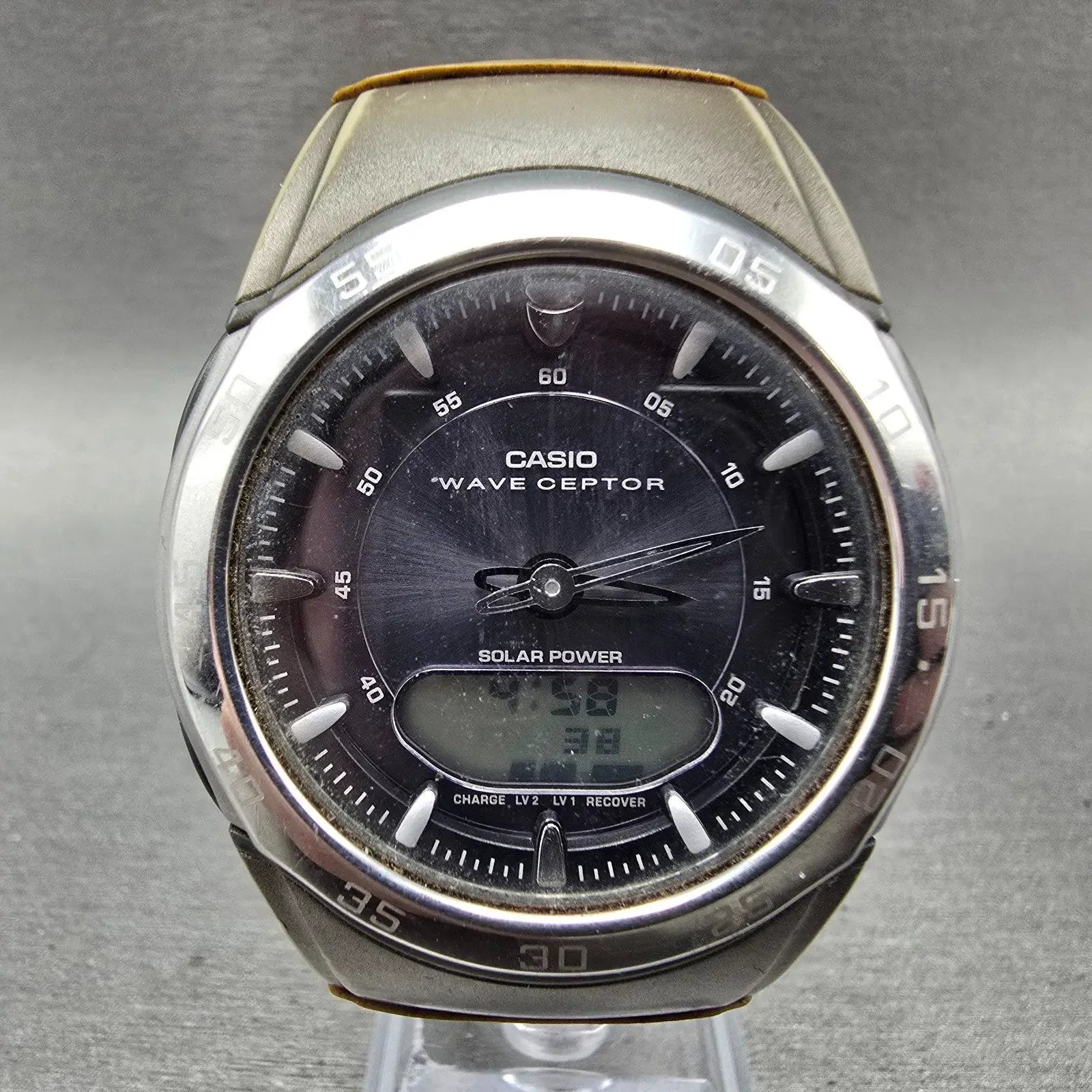 Casio Wavceptor WVA-300 Watch Men 42mm Blue Dial Silver Alarm Chronograph READ!!0
