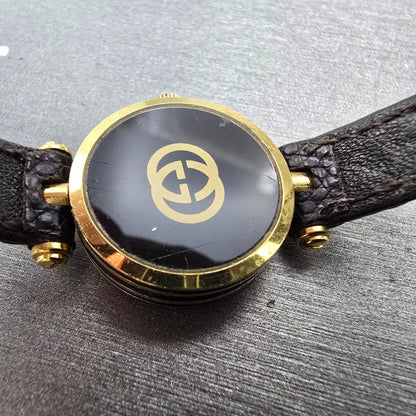 Gucci 2000L Watch Women 22mm Black Dial Gold Plated Round New Battery VTG BDRER11