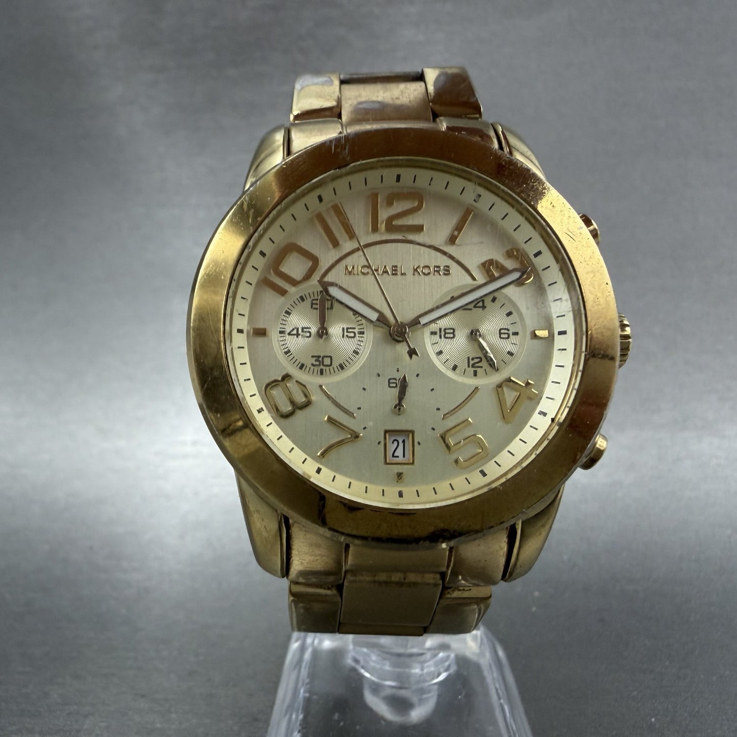 Michael Kors Mercer Watch 42mm Women Champagne Dial Gold Tone Chrono New Batt5