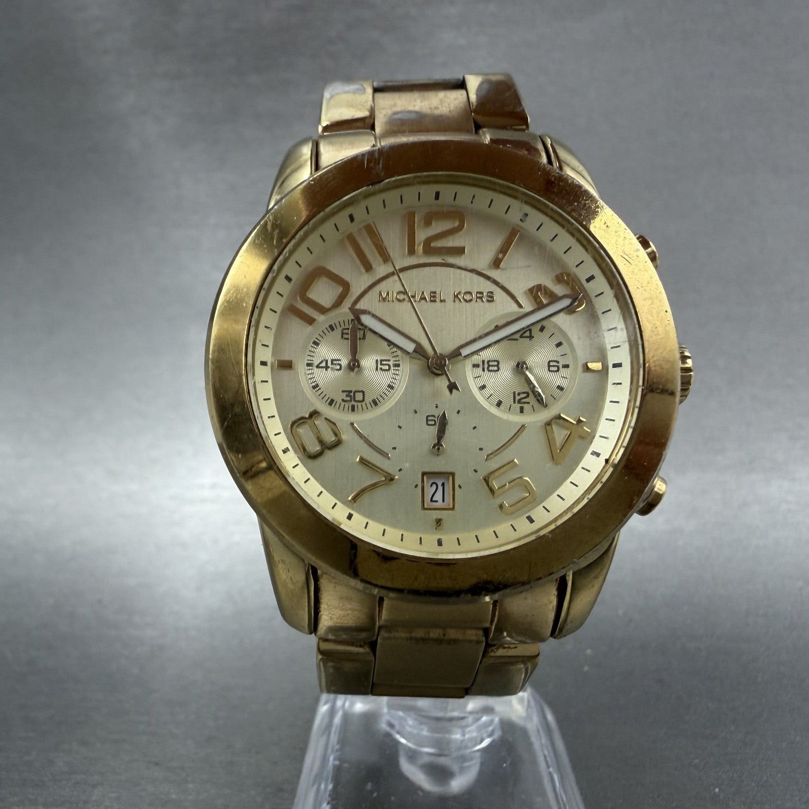 Michael Kors Mercer Watch 42mm Women Champagne Dial Gold Tone Chrono New Batt5