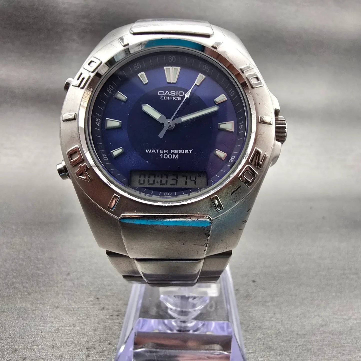 Casio Edifice Watch Men 43mm Blue Dial Silver Tone Daydate Round EFA-106 New Bat5