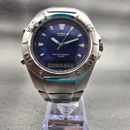 Casio Edifice Watch Men 43mm Blue Dial Silver Tone Daydate Round EFA-106 New Bat5